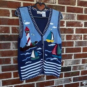 Capacity Womens Small Nautical Lighthouse Sailboat Knit Sweater Vest‎ Blue White